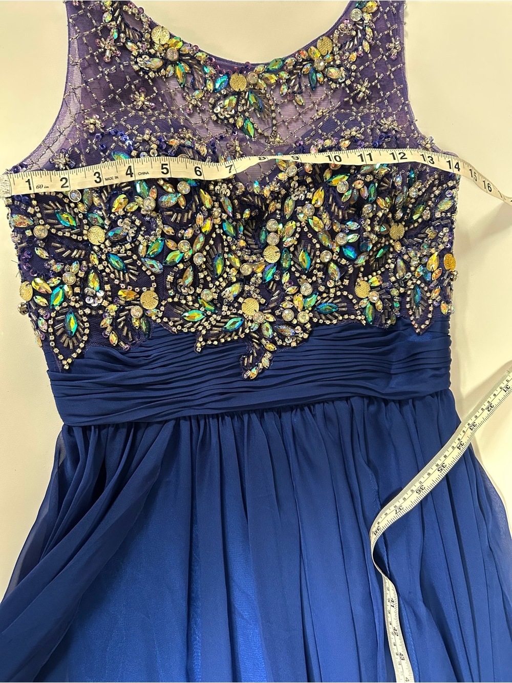 Lets Fashion Blue Beaded Formal Dress Embellished Bodice Chiffon Prom Gown M - Picture 9 of 12